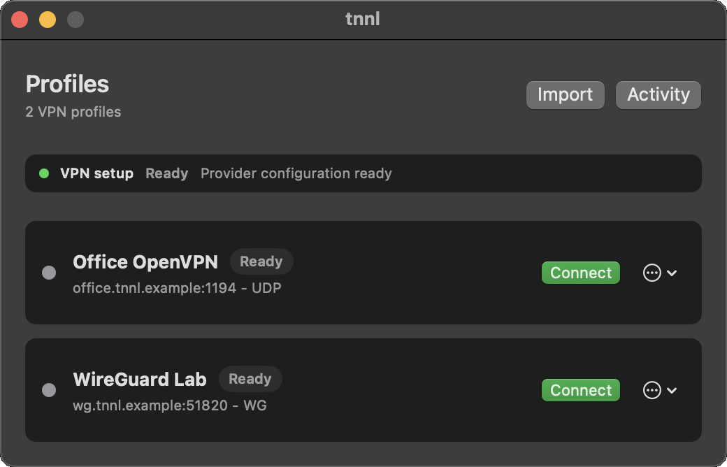 tnnl macOS app showing OpenVPN and WireGuard profiles ready to connect